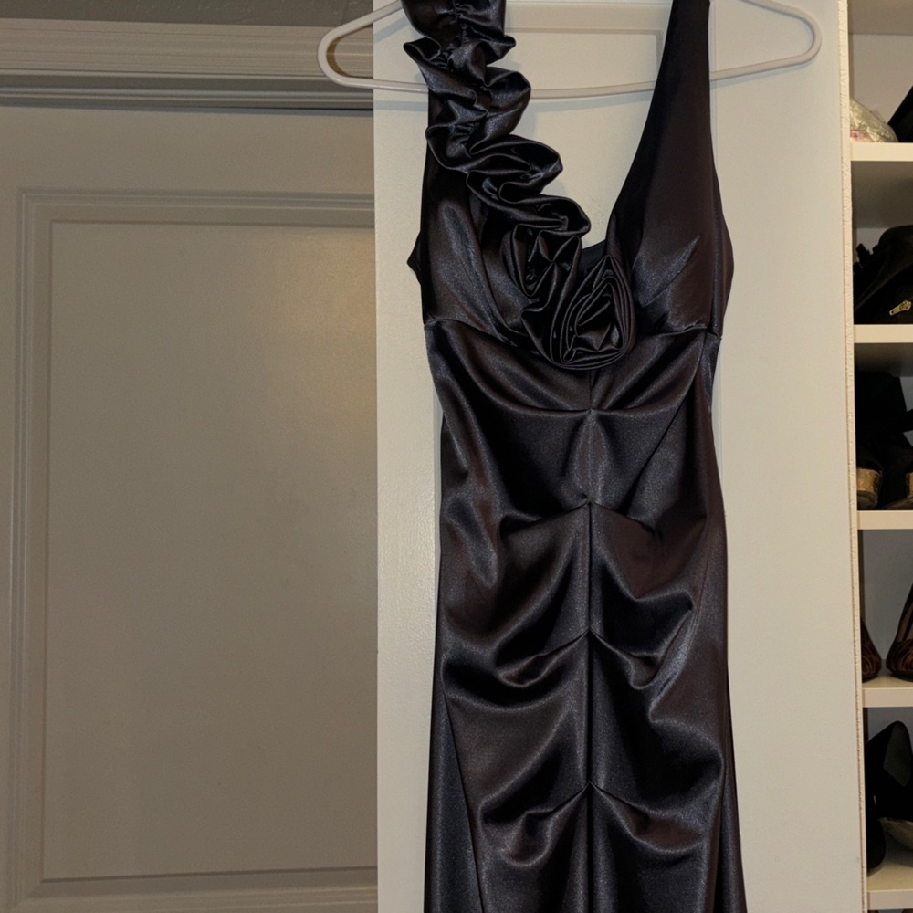Elegant Purple Satin Dress with Ruffle Detail